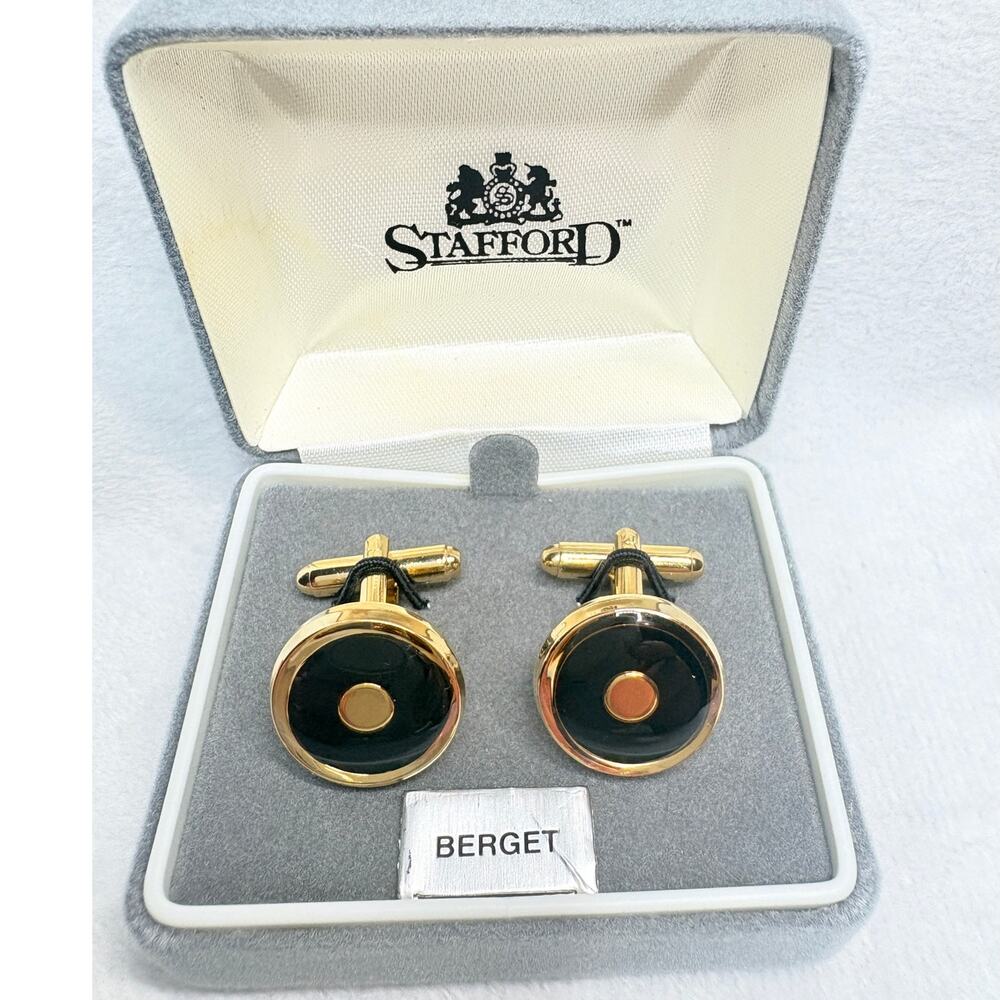 Vintage Stafford Gold‑Tone & Black Enamel Cufflinks w/ Original Box